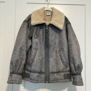 BDG Distressed Gray Jacket with Cream Shearling Collar